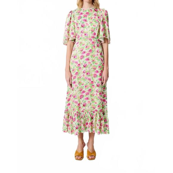 NEW MANOUSH rose print midi dress in pink - Picture 1 of 3